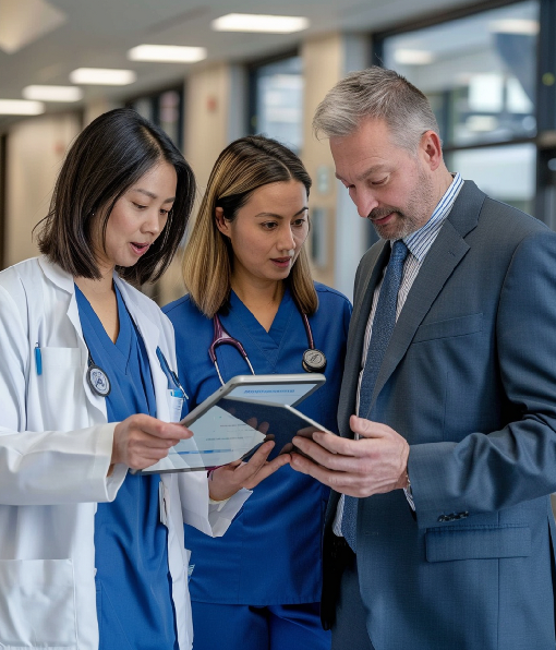 2 female doctors consulting with a male professional